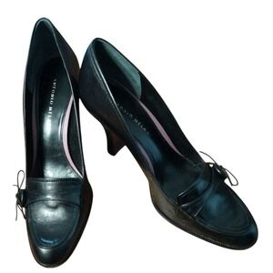 Antonio Melani Black Leather Loafer 3in Heels Size 8.5M Tie Detail Officecore